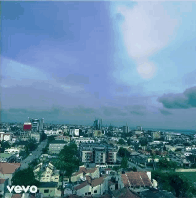 an aerial view of a city with the word vevo on the bottom left