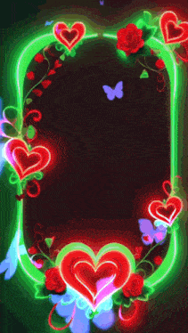 a girl is surrounded by hearts and roses in a neon frame