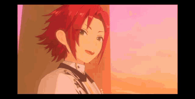 a cartoon character with red hair and green eyes is smiling