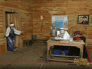 a wooden room with a man sitting at a table with a bottle of alcohol