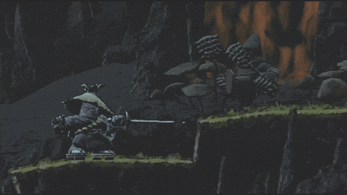 a video game scene with a samurai statue in the foreground and a waterfall in the background
