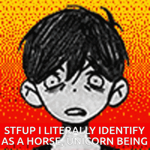 a black and white drawing of a boy with the words stfup i literally identify as a horse unicorn being below it