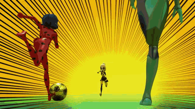 ladybug and miraculous ladybug are playing soccer with a giant robot .