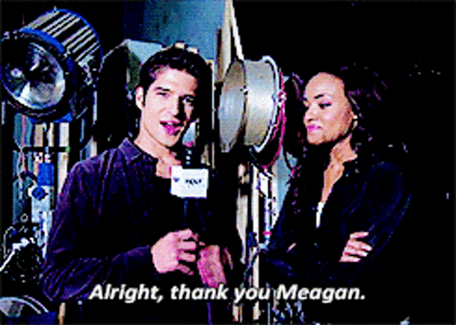 a man talking to a woman with the words alright thank you meagan