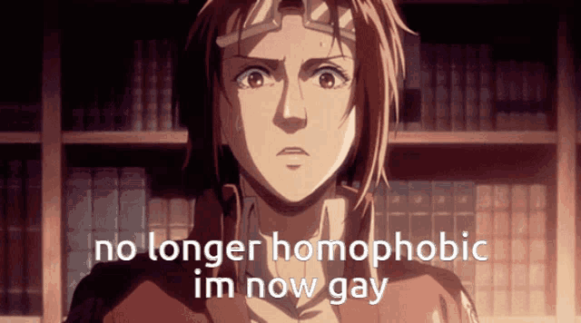 a picture of a woman with the words " no longer homophobic im now gay " below her