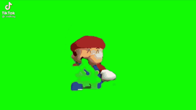 mario is taking a picture of himself with a cell phone on a green screen .