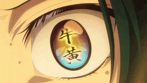 a close up of a person 's eye with chinese symbols on it