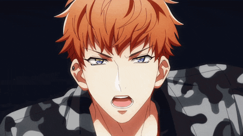 a close up of a anime character with orange hair and blue eyes