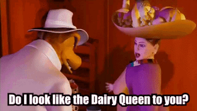 a cartoon character is talking to a woman with a hat on her head .