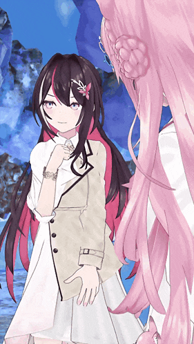 a girl with pink hair is standing next to another girl