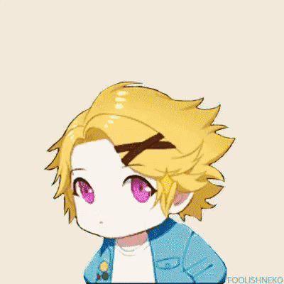 a chibi drawing of a boy with yellow hair and purple eyes .