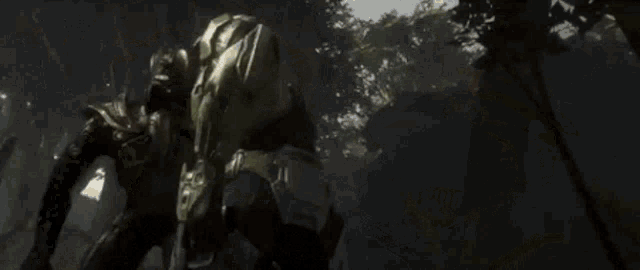 a video game character is holding a gun in a forest
