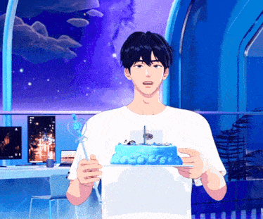 a man in a white shirt is holding a blue cake with a sailboat on top