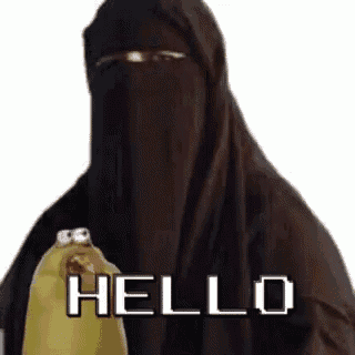 a woman wearing a niqab is holding a banana and says hello .