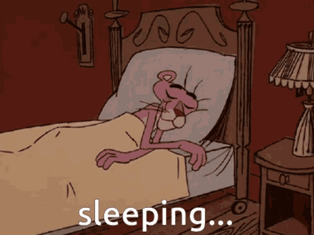 a pink panther is sleeping in a bed next to a lamp and a nightstand