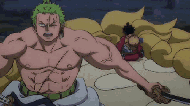 a man with green hair is holding a sword in a cartoon scene