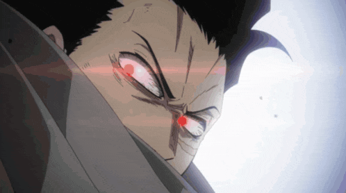 a close up of a person 's face with a red eye
