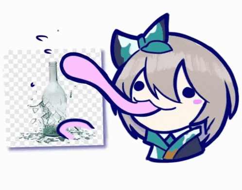 a cartoon of a girl with a long tongue sticking out next to a broken glass bottle