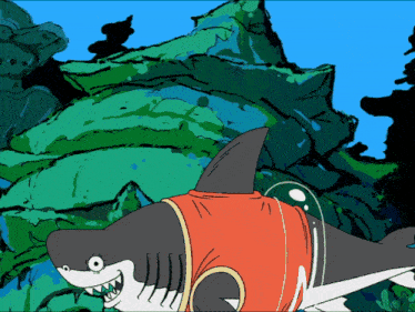 a cartoon of a shark wearing a red top