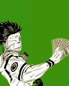 a black and white drawing of a man holding a fan of money with the word moni written above him