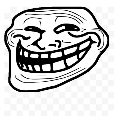 a black and white drawing of a troll face with a large smile on a checkered background .