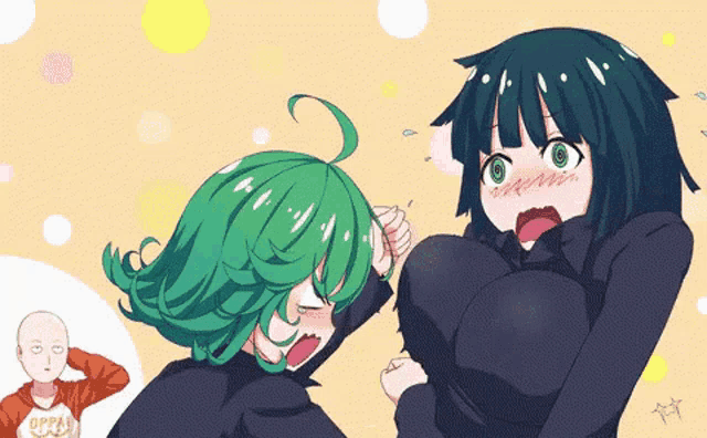 a man with a shirt that says oppa is standing next to a girl with green hair