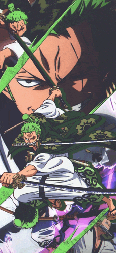 a man with green hair is holding a sword in his hand