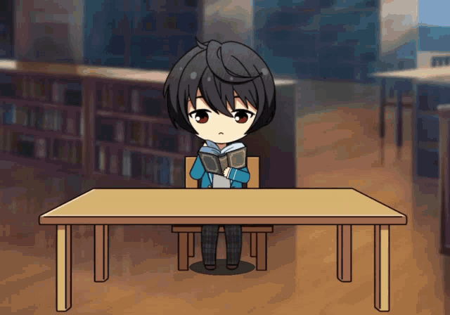 a cartoon of a boy sitting at a table reading a book