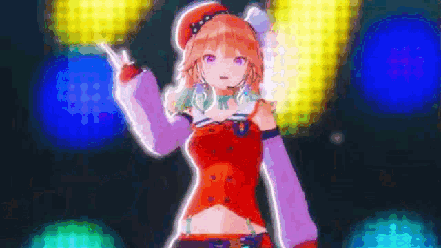 a cartoon girl is standing in front of a stage with a microphone in her hand .