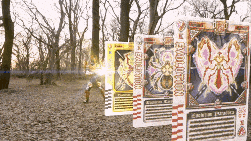 two evolution cards are displayed in a forest with trees in the background