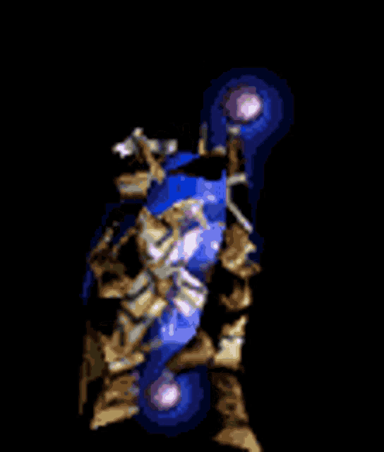 a pixel art of a knight holding a sword and a magical object .