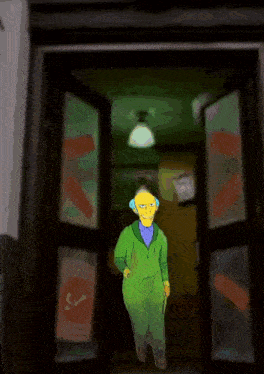 a cartoon drawing of a man in a green suit with a yellow face