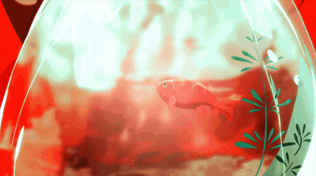 a red fish is swimming in a glass aquarium with green plants