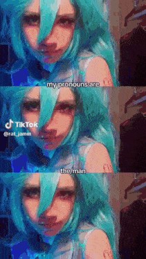 a girl with blue hair is making a tiktok video