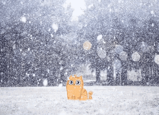 a cartoon cat is sitting in the snow looking at the camera