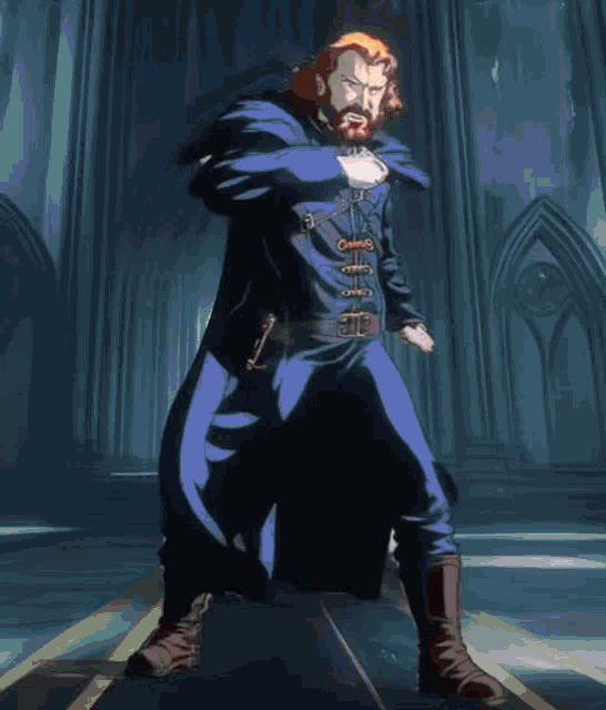 a man with a beard is wearing a blue coat and black boots