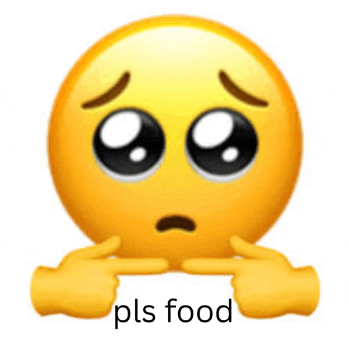 a yellow smiley face with a sad look on its face and two hands pointing at it with the words pls food below it .