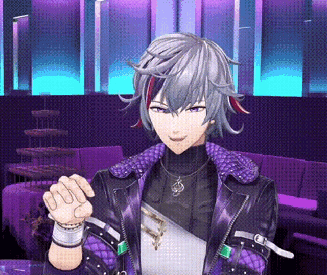 a man with gray hair and red highlights is wearing a purple jacket