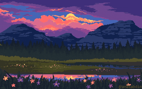 a pixel art painting of a lake with mountains in the background