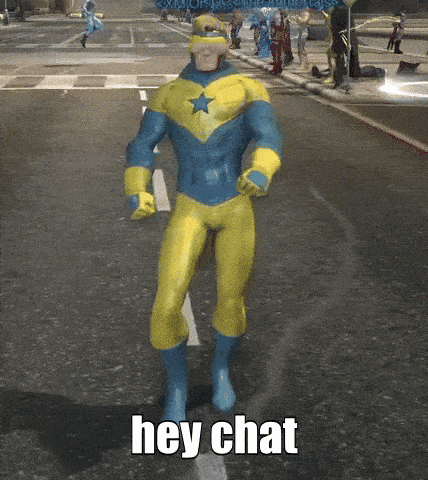 a man in a yellow and blue superhero costume is standing on a street with the words hey chat below him