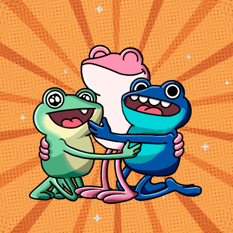 three frogs are hugging each other and smiling on an orange background