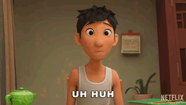 a cartoon character with the words uh huh written on his chest