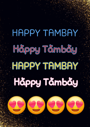 a black background with the words happy tam bay in blue and yellow