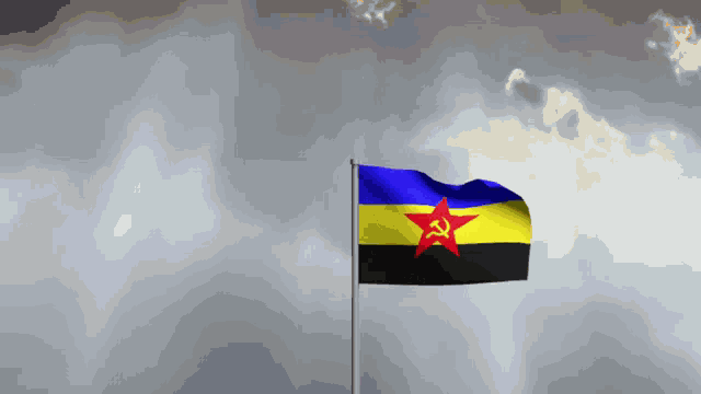 a blue yellow and black flag with a red star and hammer and sickle on it