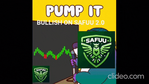 a cartoon of a man sitting in front of a screen that says pump it bullish on safuu 2.0