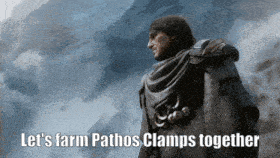 a man in a cape stands in front of a cloudy sky with the words let 's farm pathos clams together