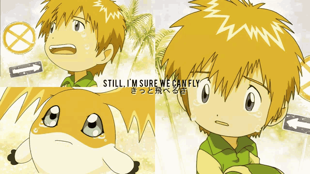 a cartoon of a boy with the words still i 'm sure we can fly