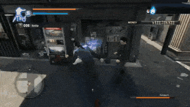 a man in a suit is standing next to another man in a video game with the word money on the screen .