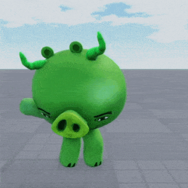 a green pig with horns is standing on a gray tile floor