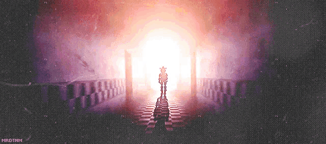 a pixel art of a person standing in a dark hallway with the words madtim on the bottom left